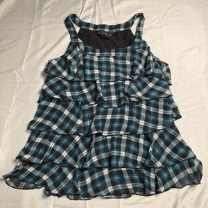 Blue Plaid Multi Tiered Ruffled Chiffon Babydoll Preppy Academia Flowy Casual